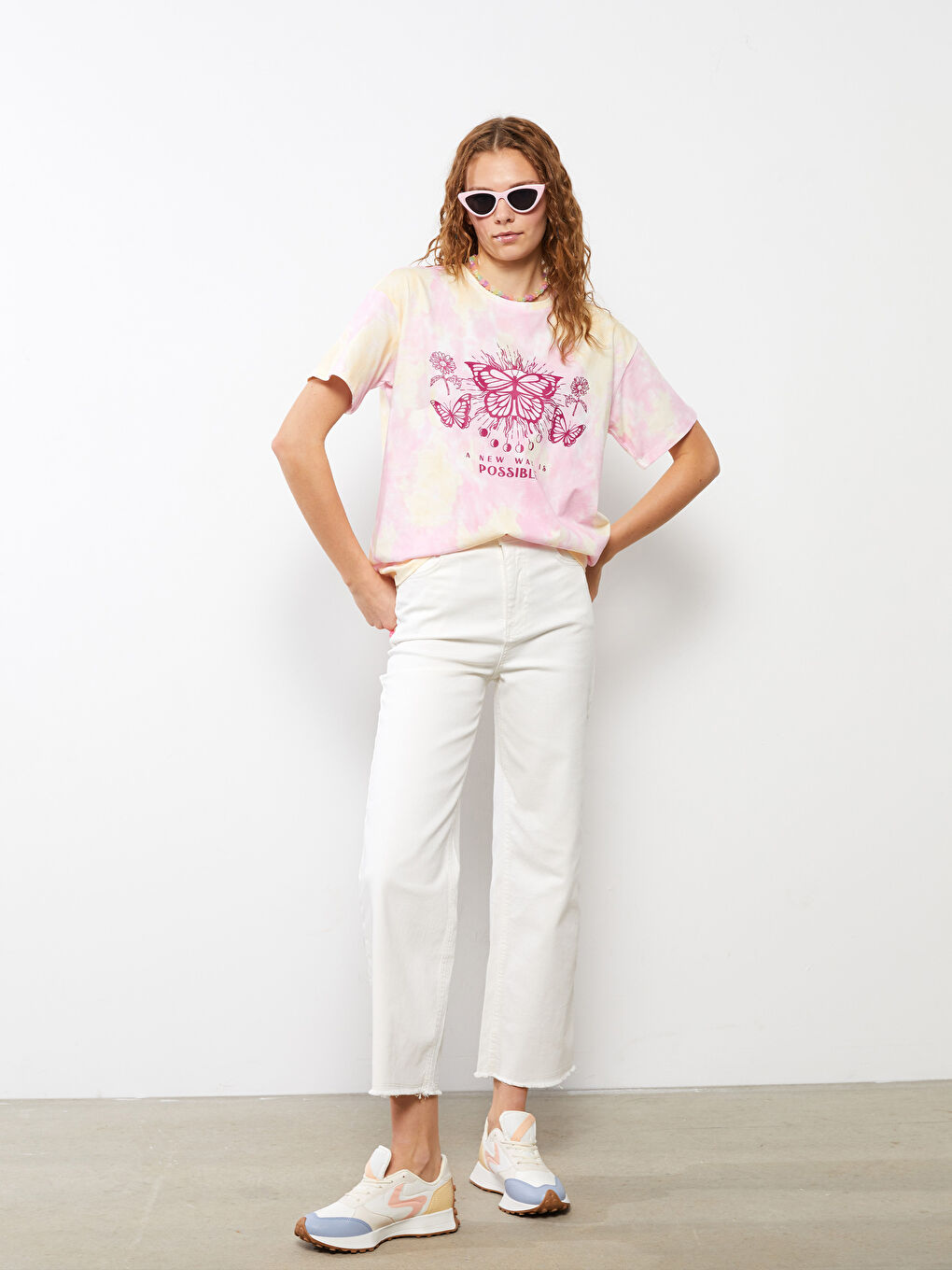 Sarı Bisiklet Yaka Baskılı Kısa Kollu Pamuklu Kadın Tişört-2