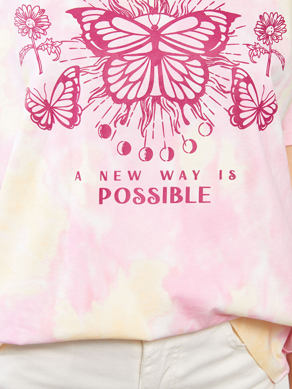 Sarı Bisiklet Yaka Baskılı Kısa Kollu Pamuklu Kadın Tişört-3