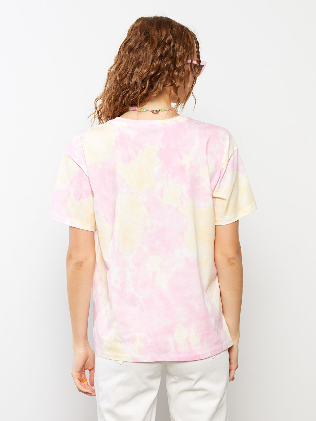 Sarı Bisiklet Yaka Baskılı Kısa Kollu Pamuklu Kadın Tişört-4