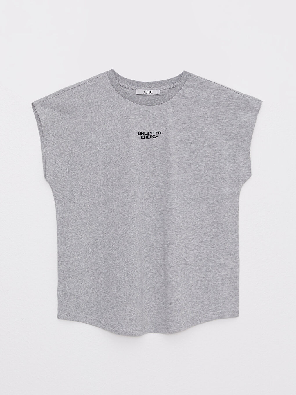 Gri Bisiklet Yaka Nakışlı Kısa Kollu Pamuklu Kadın Tişört-5