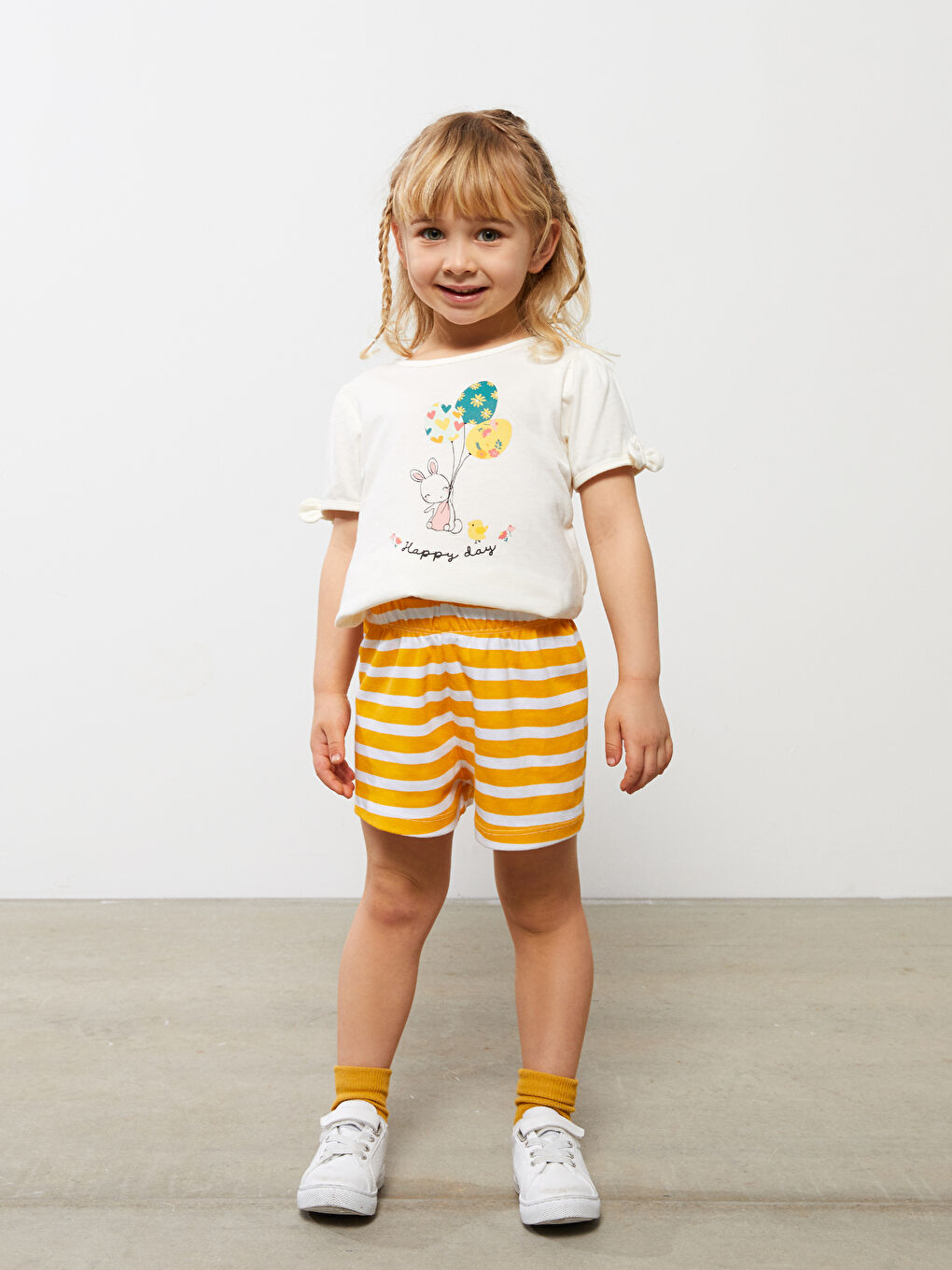 Elastic Waist Striped Cotton Baby Girl Shorts-1