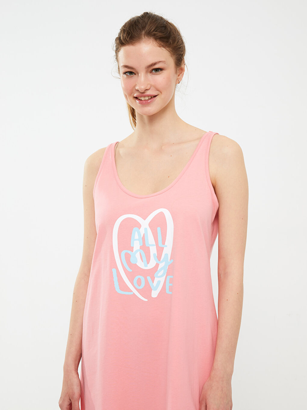 Pembe U Yaka Baskılı Kolsuz Pamuklu Kadın Gecelik-2