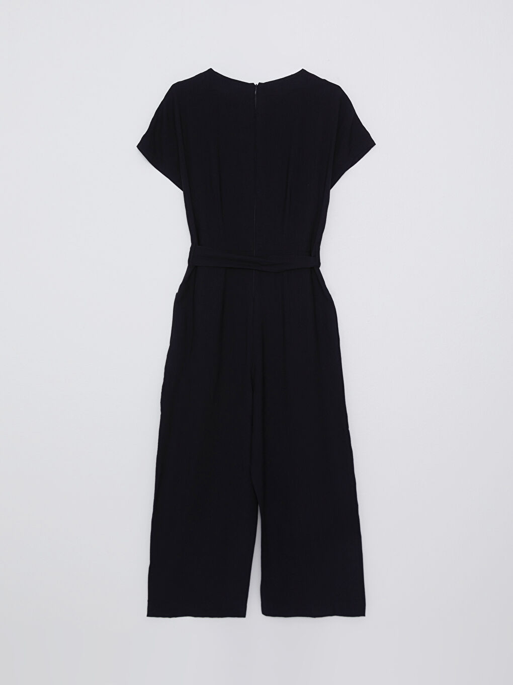 Siyah Kruvaze Yaka Düz Kısa Kollu Kadın Tulum-6