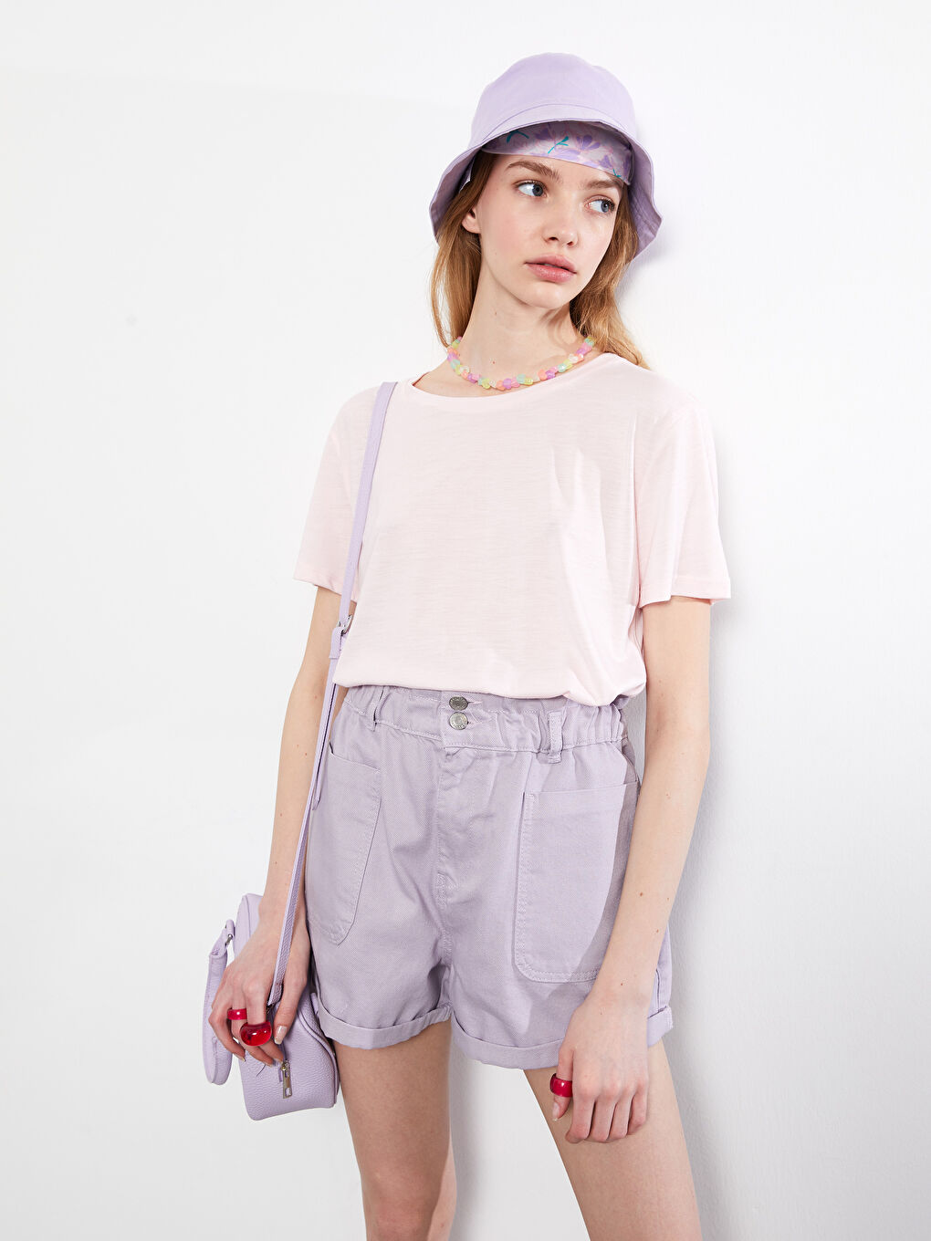 Pembe Bisiklet Yaka Düz Kısa Kollu Kadın Tişört-2