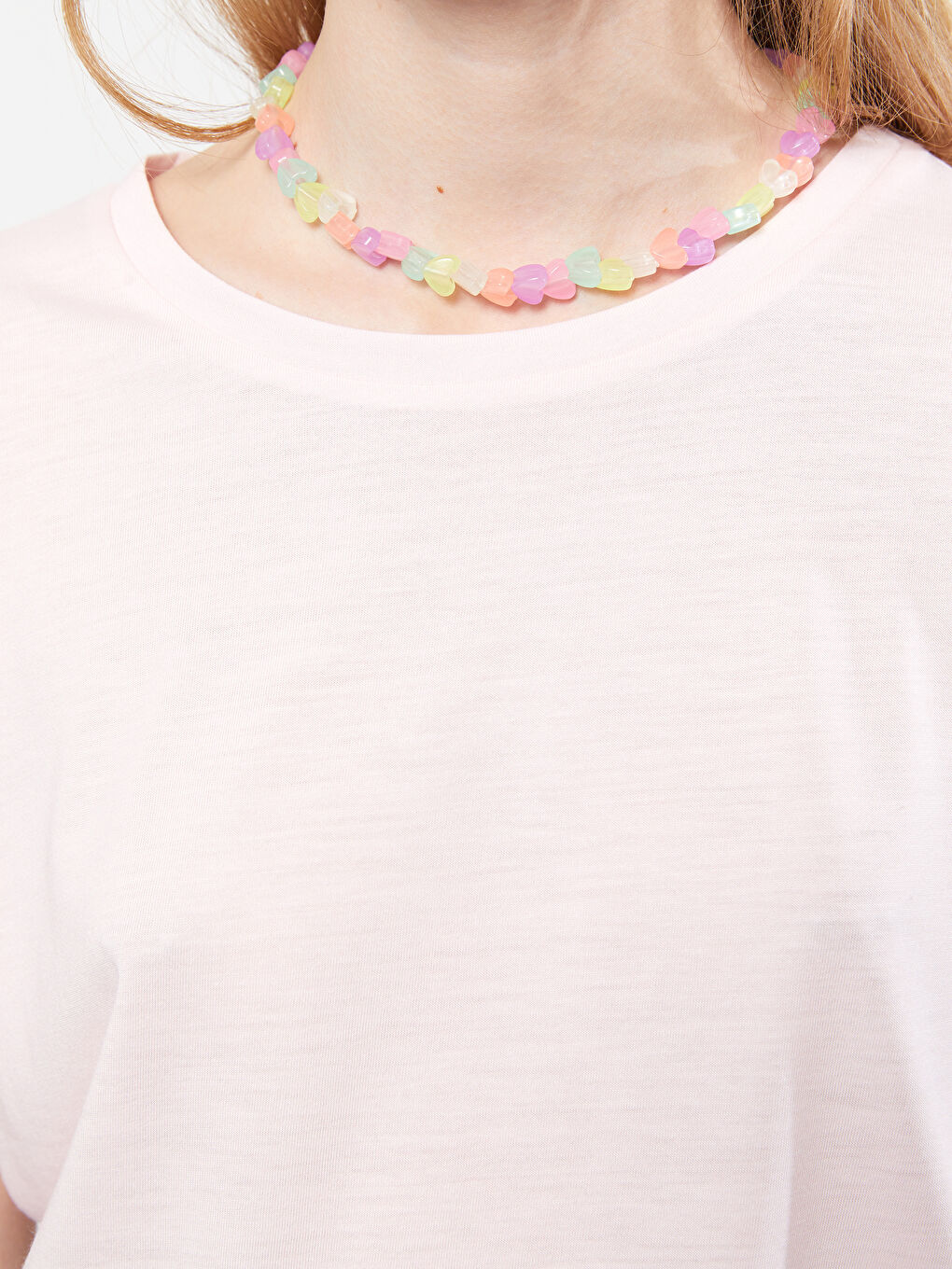 Pembe Bisiklet Yaka Düz Kısa Kollu Kadın Tişört-3