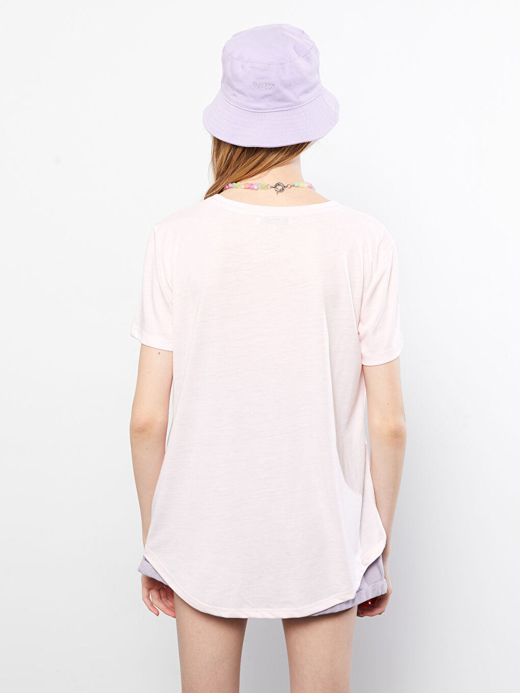 Pembe Bisiklet Yaka Düz Kısa Kollu Kadın Tişört-4