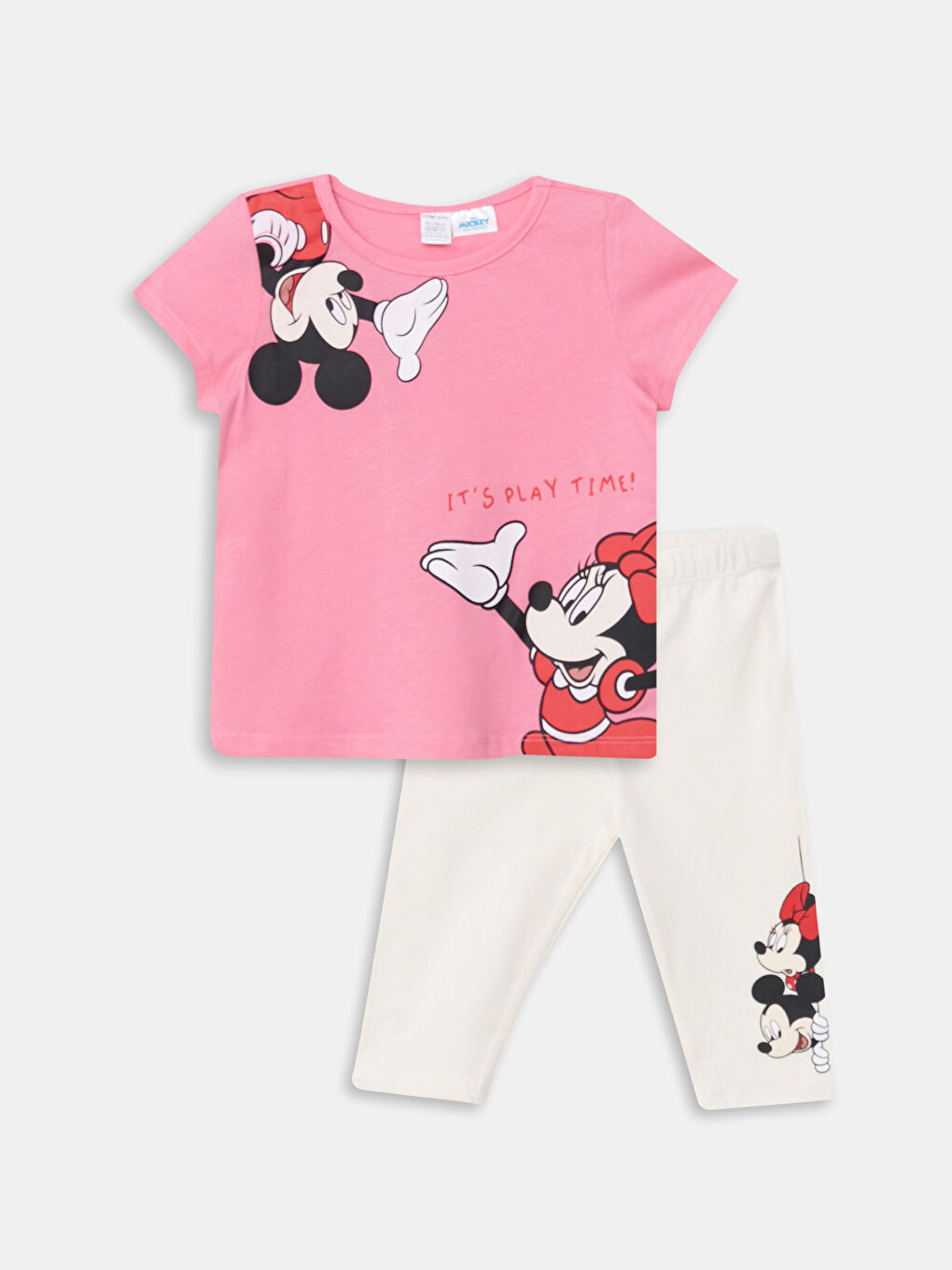 Pembe Bisiklet Yaka Kısa Kollu Minnie Mouse Baskılı Pamuklu Kız Bebek Tişört ve Tayt 2'li Takım