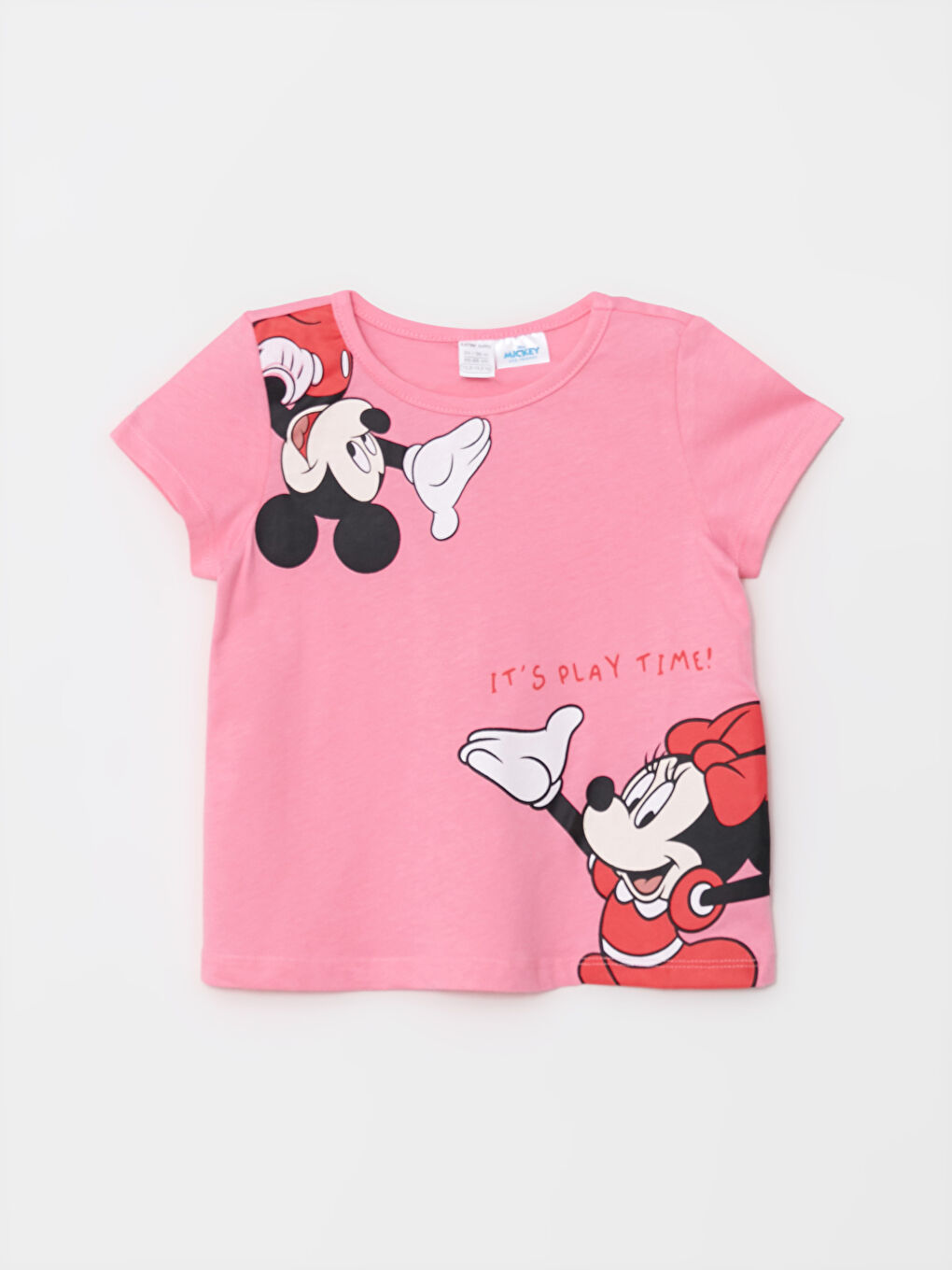 Pembe Bisiklet Yaka Kısa Kollu Minnie Mouse Baskılı Pamuklu Kız Bebek Tişört ve Tayt 2'li Takım-1