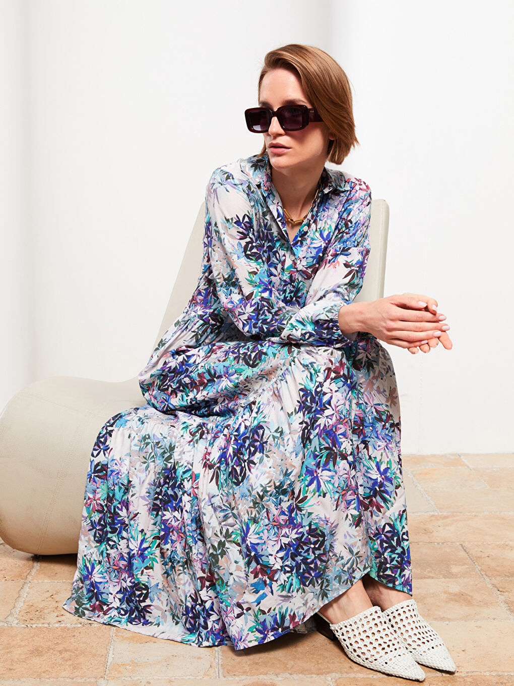 Floral Long Sleeve Viscose Women Shirt Dress -S2IV05Z8-LQQ