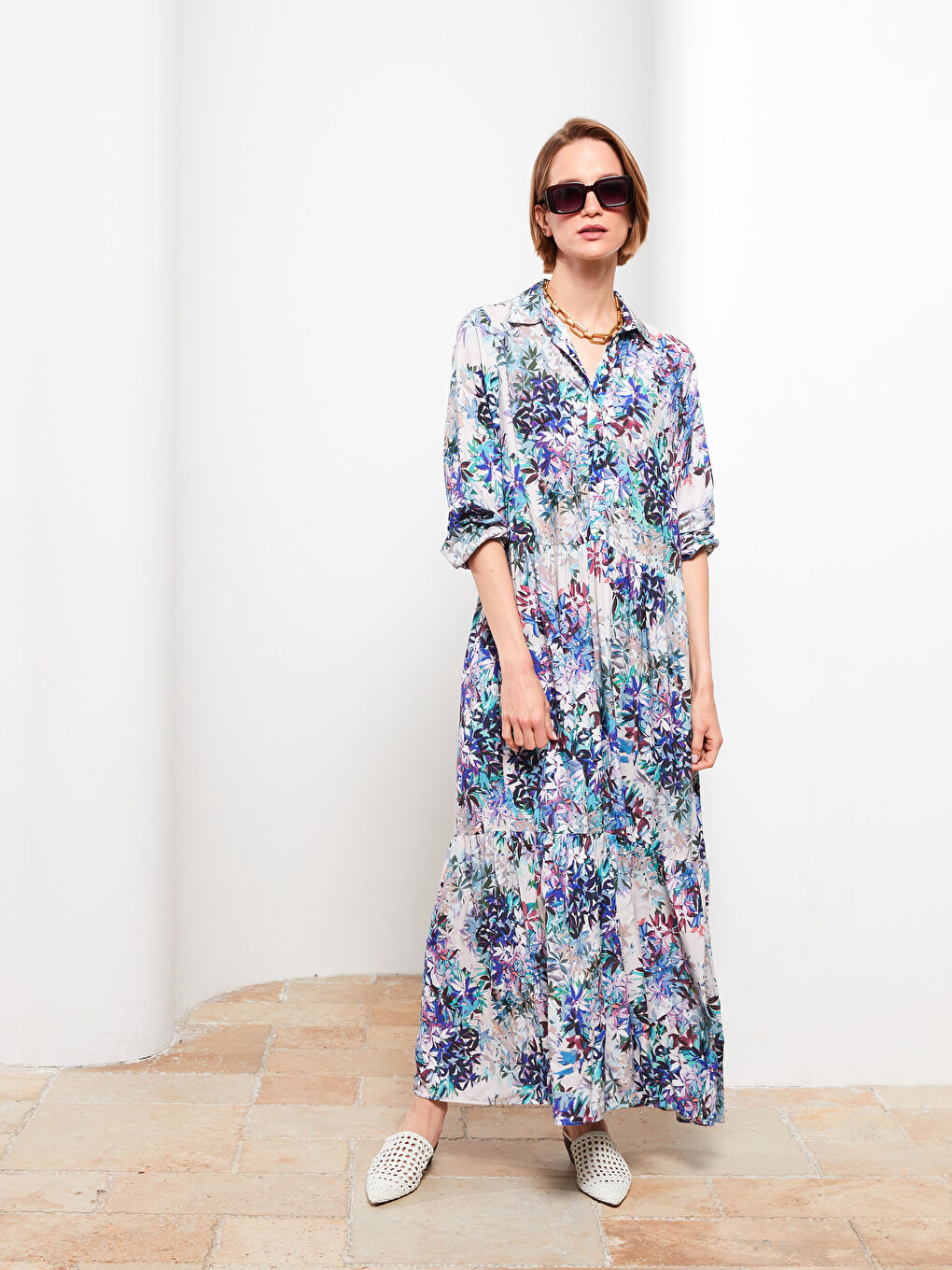 Floral Long Sleeve Viscose Women Shirt Dress -S2IV05Z8-LQQ