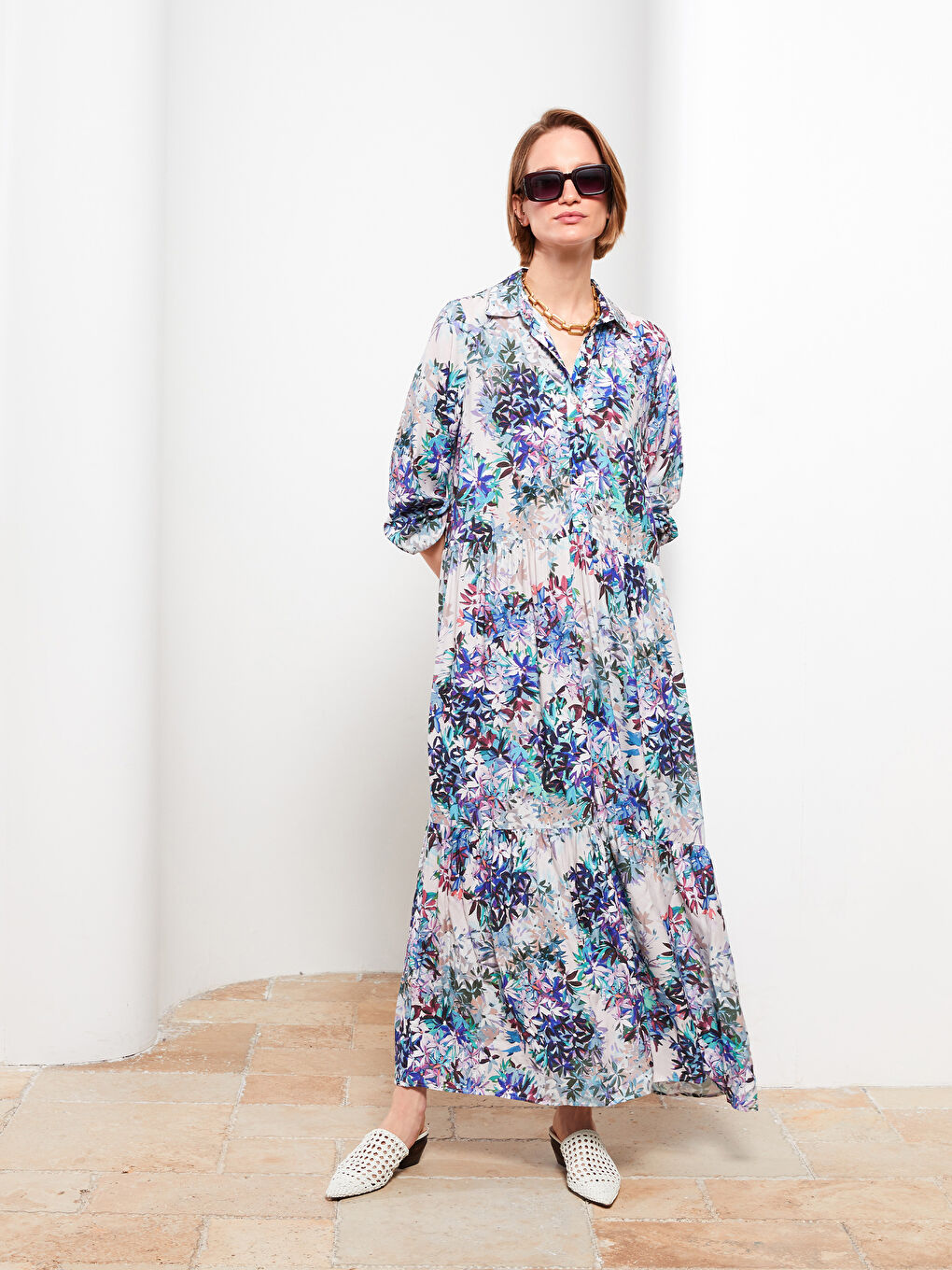 Floral Long Sleeve Viscose Women Shirt Dress -S2IV05Z8-LQQ