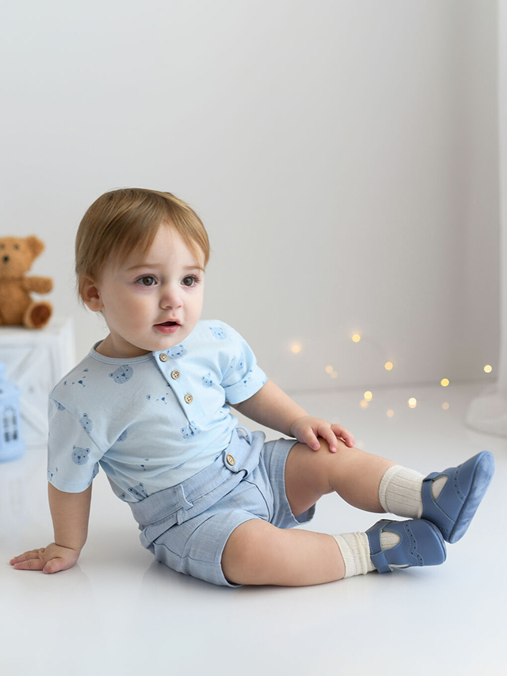 Turkuaz Bisiklet Yaka Kısa Kollu Baskılı Erkek Bebek Tişört ve Şort 2'li Takım