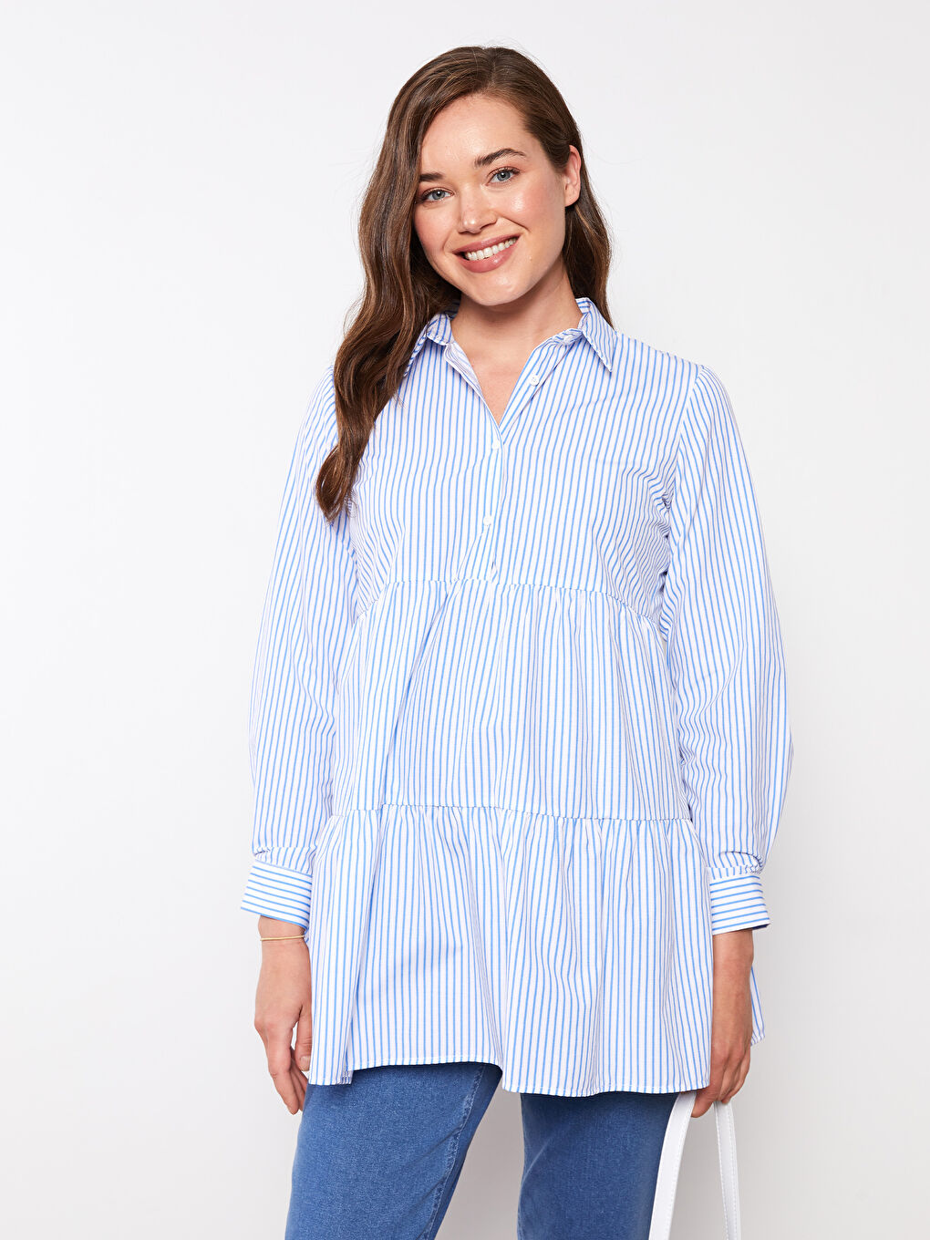 Mavi Çizgili Uzun Kollu Poplin Hamile Gömlek Tunik