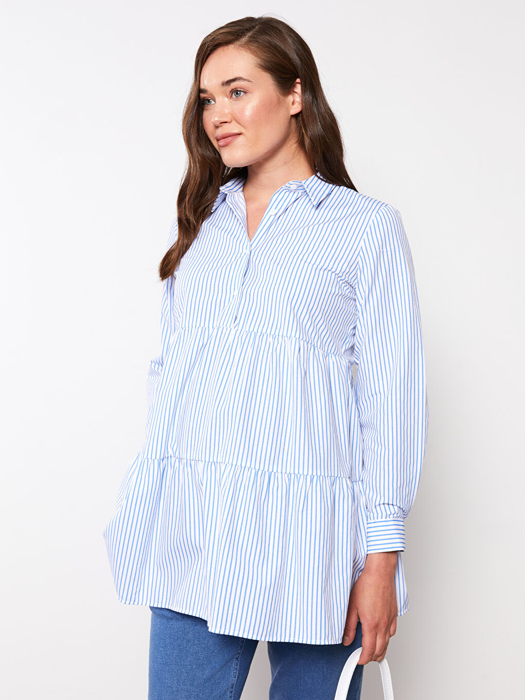Mavi Çizgili Uzun Kollu Poplin Hamile Gömlek Tunik-1