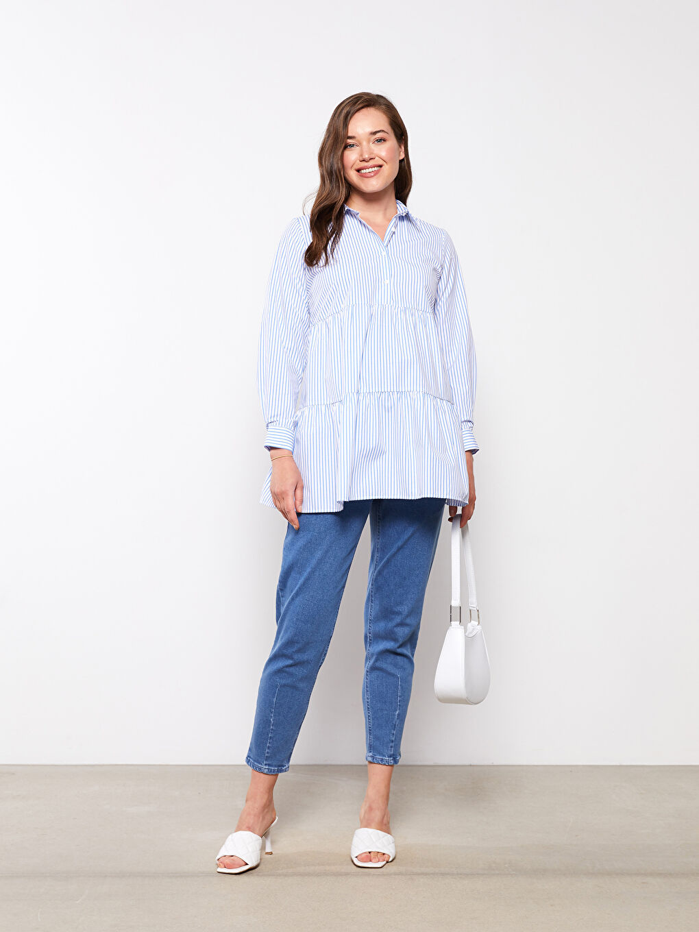 Mavi Çizgili Uzun Kollu Poplin Hamile Gömlek Tunik-2