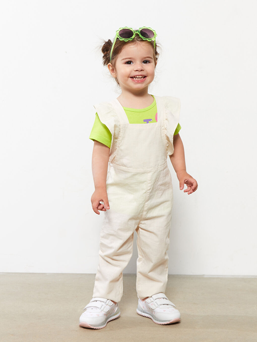 Bej Kare Yaka Askılı Basic Pamuklu Kız Bebek Salopet