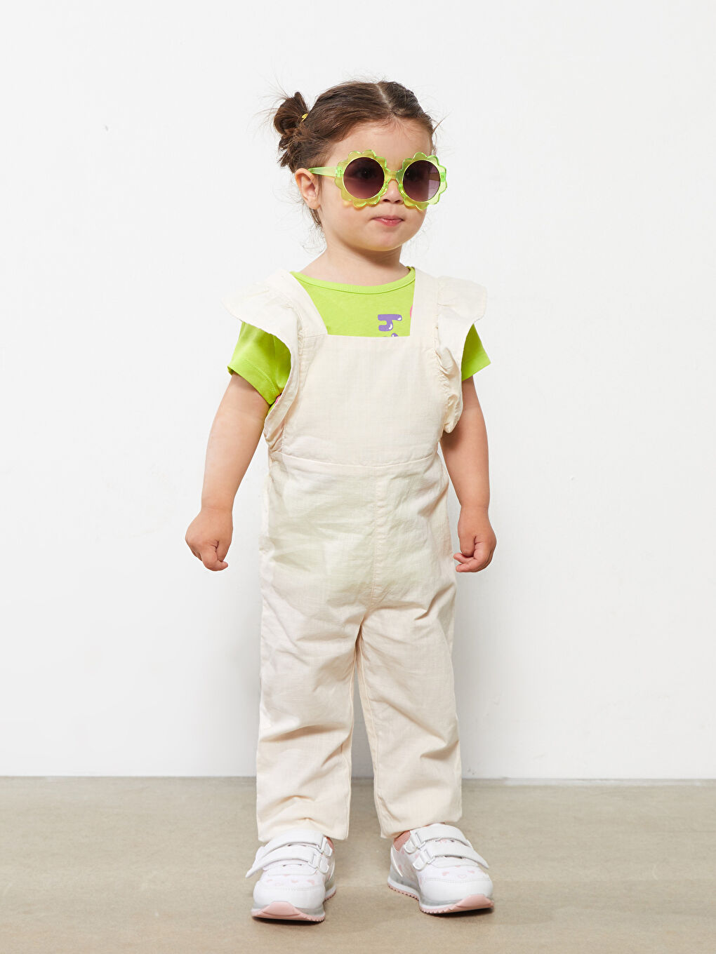 Bej Kare Yaka Askılı Basic Pamuklu Kız Bebek Salopet-1