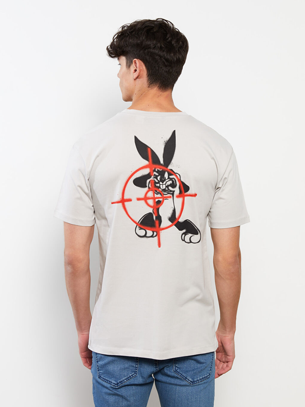 Bej Bisiklet Yaka Kısa Kollu Bugs Bunny Baskılı Penye Erkek Tişört-3