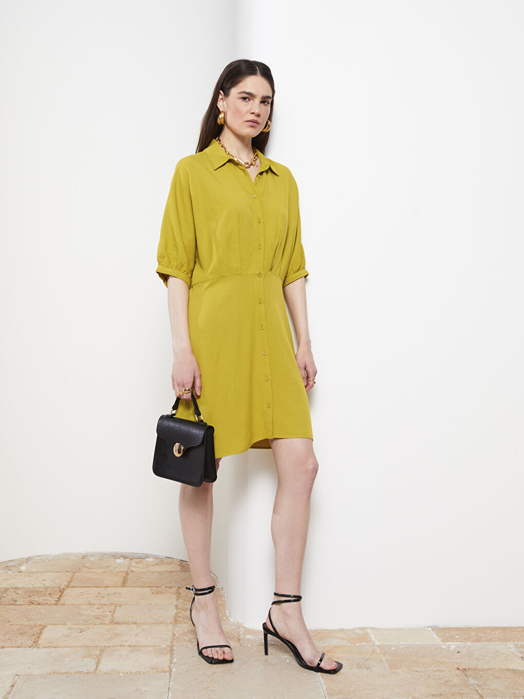 Yeşil Gömlek Yaka Düz Keten Kadın Elbise