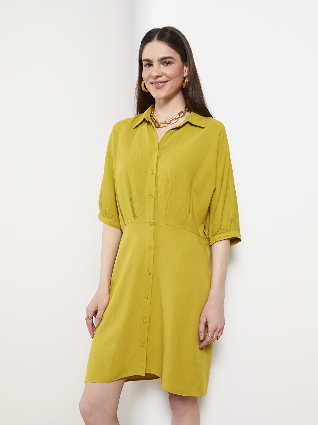 Yeşil Gömlek Yaka Düz Keten Kadın Elbise-2