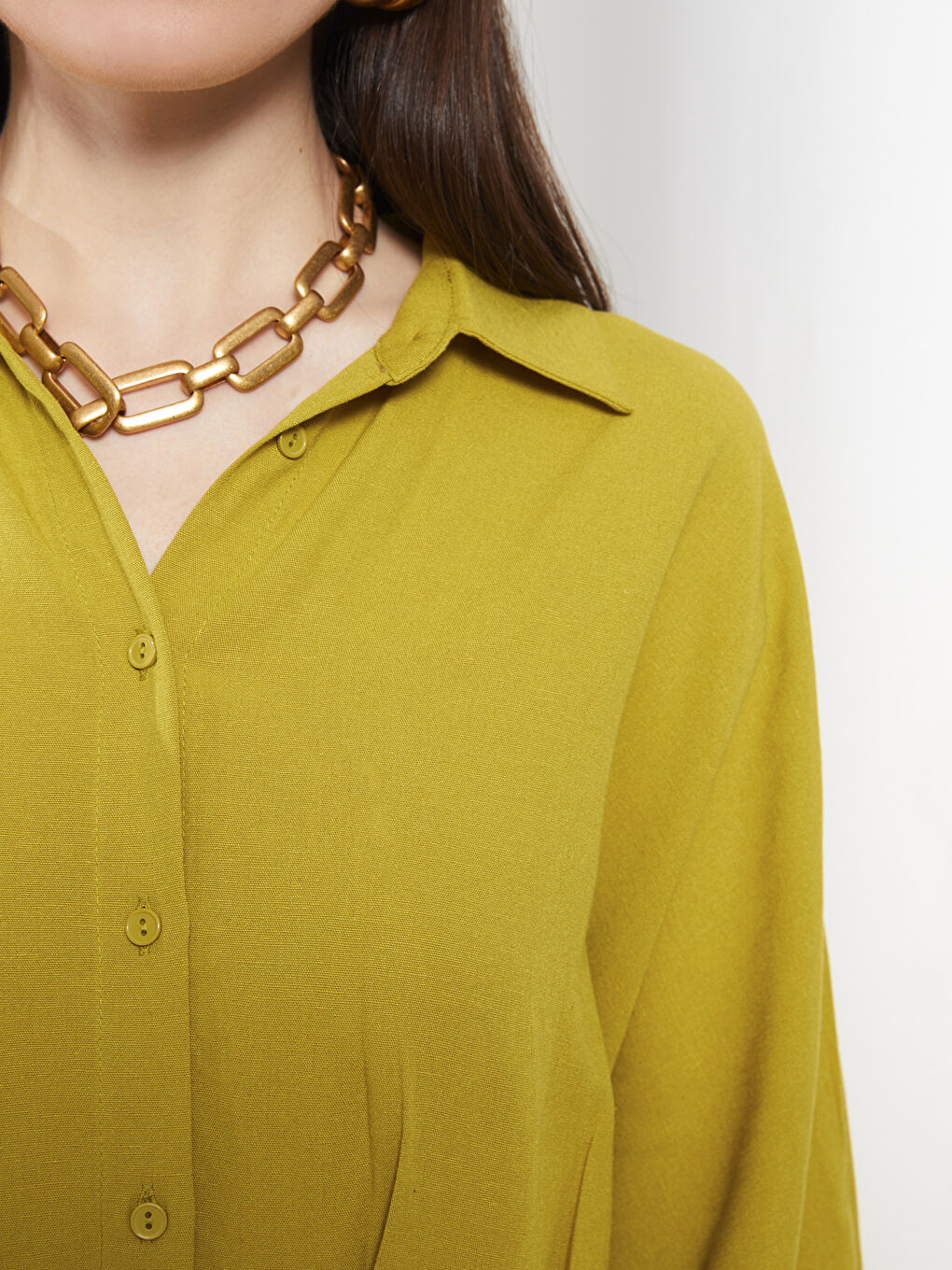 Yeşil Gömlek Yaka Düz Keten Kadın Elbise-3