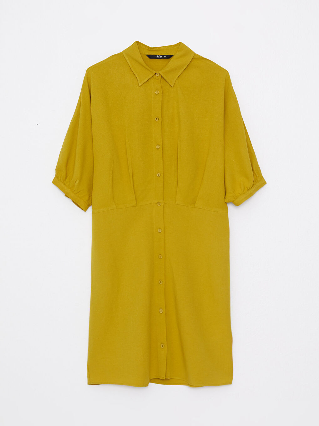 Yeşil Gömlek Yaka Düz Keten Kadın Elbise-5