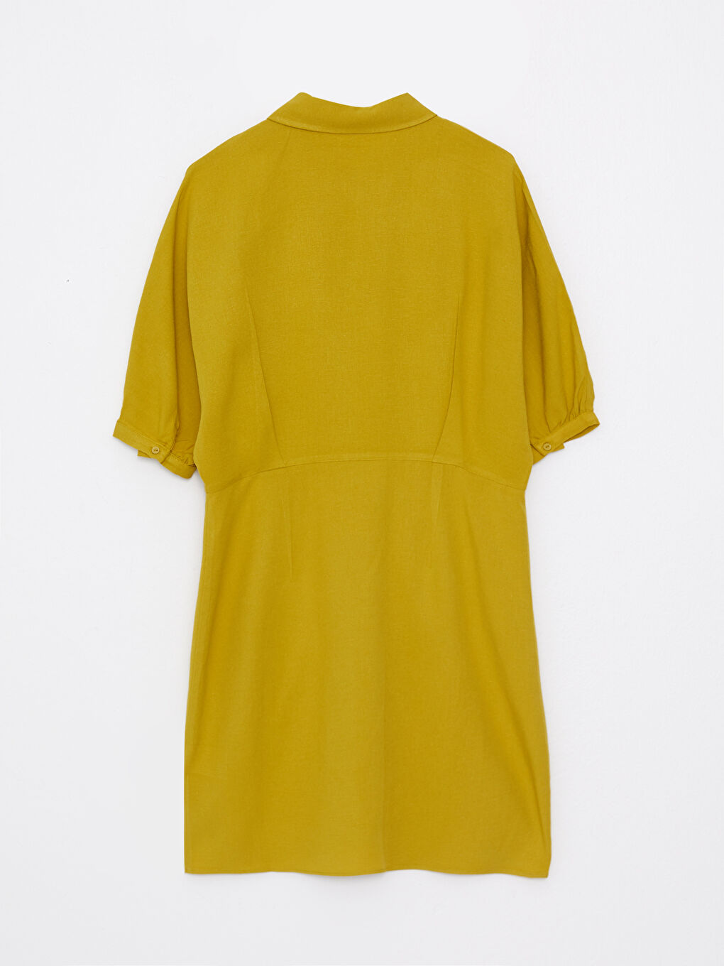 Yeşil Gömlek Yaka Düz Keten Kadın Elbise-6