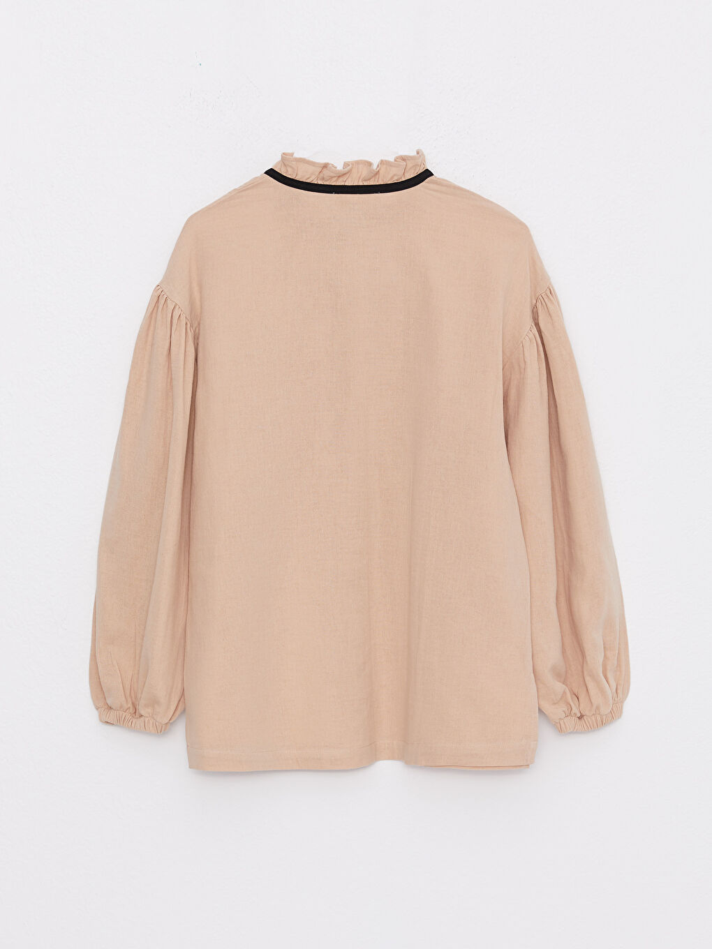 Cămașă de Damă din Muselină Supradimensionată cu Guler Înalt Volănașe și Mâneci Lungi Drepte-6