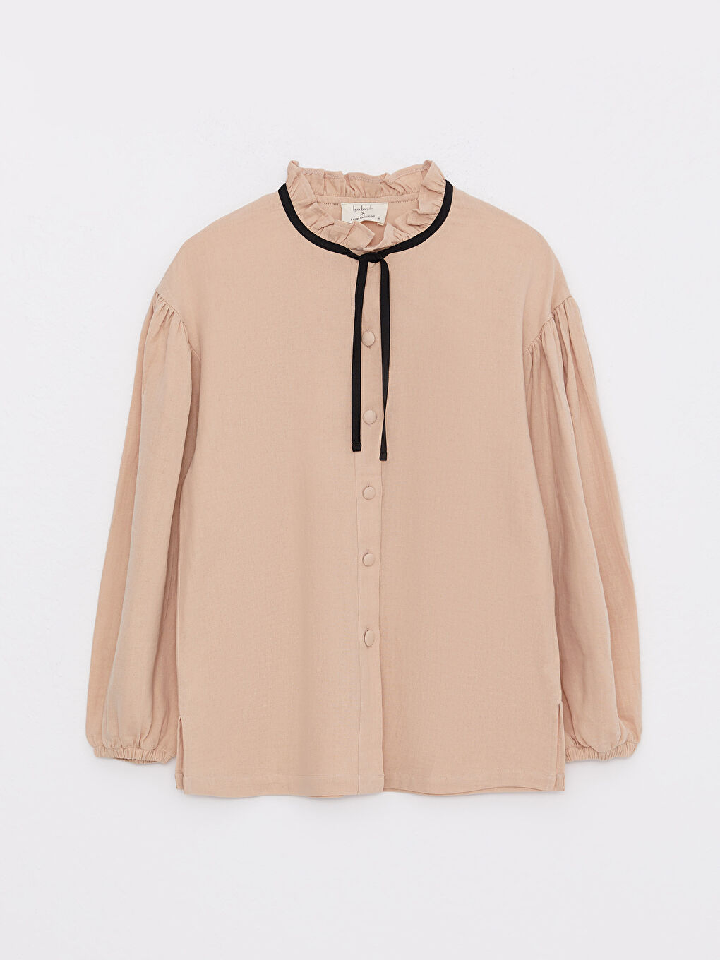 Cămașă de Damă din Muselină Supradimensionată cu Guler Înalt Volănașe și Mâneci Lungi Drepte-5