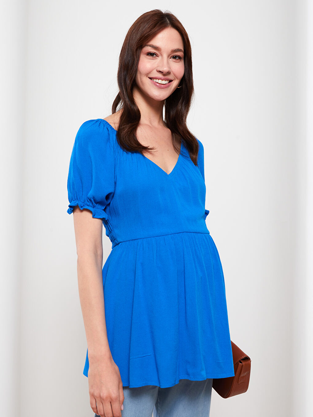 V Neck Straight Short Sleeve Crinkled Maternity Blouse -S2IV83Z8-HGU