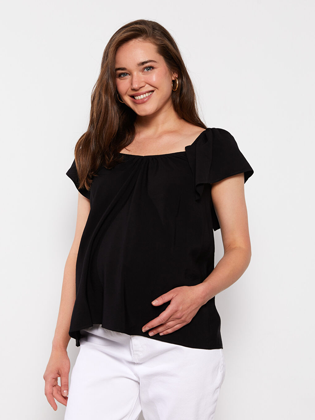 Blouse de maternité à col carré, manches courtes et coupe droite-1