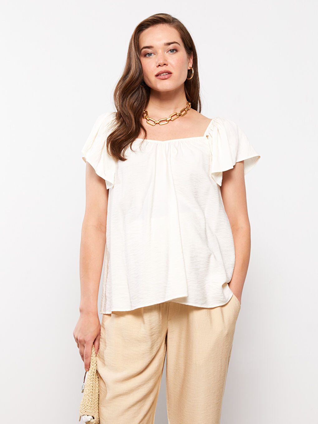 Bluză Maternitate cu Guler Pătrat, Croială Dreaptă și Mâneci Scurte