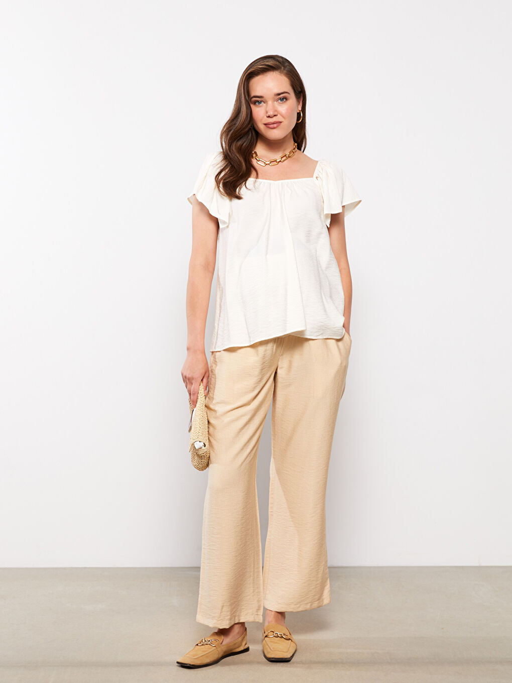 Bluză Maternitate cu Guler Pătrat, Croială Dreaptă și Mâneci Scurte-2