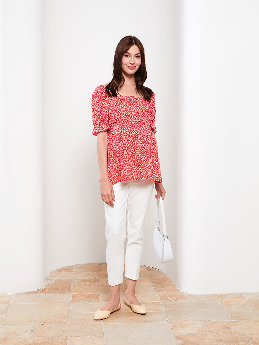 Square Neck Floral Short Sleeve Crinkle Maternity Blouse -S2IV88Z8-LT4