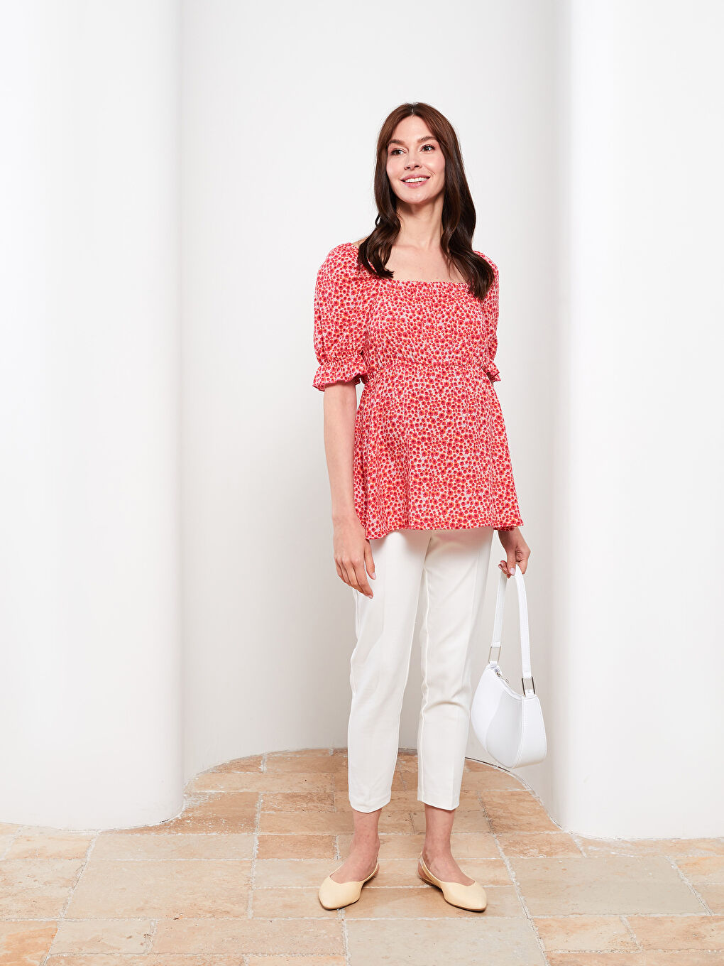 Square Neck Floral Short Sleeve Crinkle Maternity Blouse -S2IV88Z8-LT4