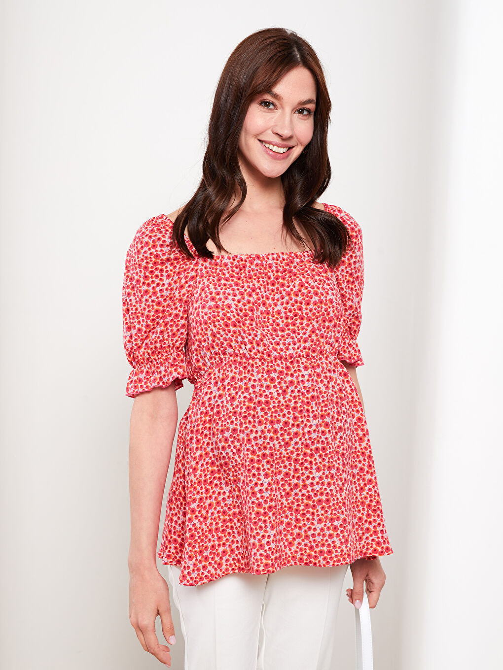 Square Neck Floral Short Sleeve Crinkle Maternity Blouse -S2IV88Z8-LT4