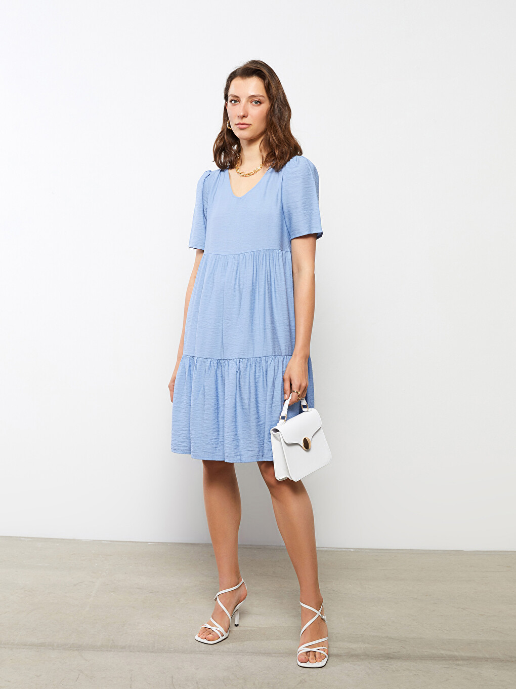 V Neck Plain Short Sleeve Women's Dress