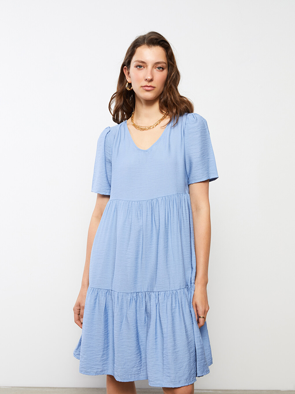 V Neck Plain Short Sleeve Women's Dress-2