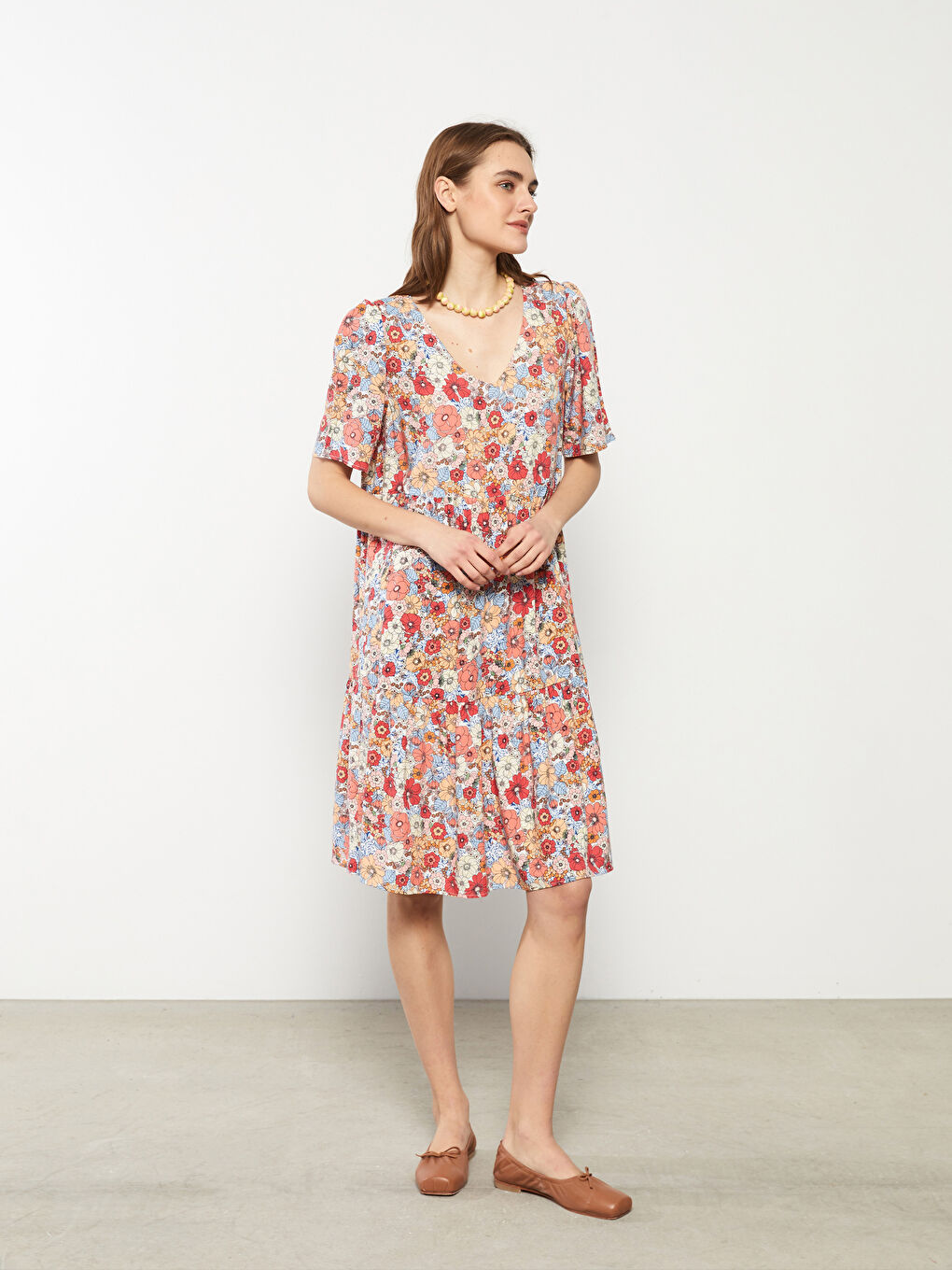 V-Neck Floral Short Sleeve Viscose Women's Dress -S2IV94Z8-F9C