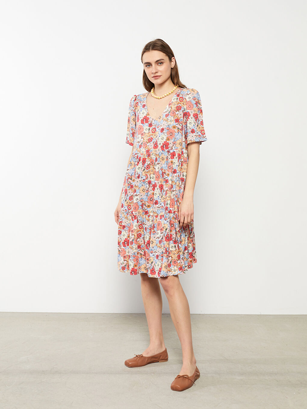 V-Neck Floral Short Sleeve Viscose Women's Dress -S2IV94Z8-F9C