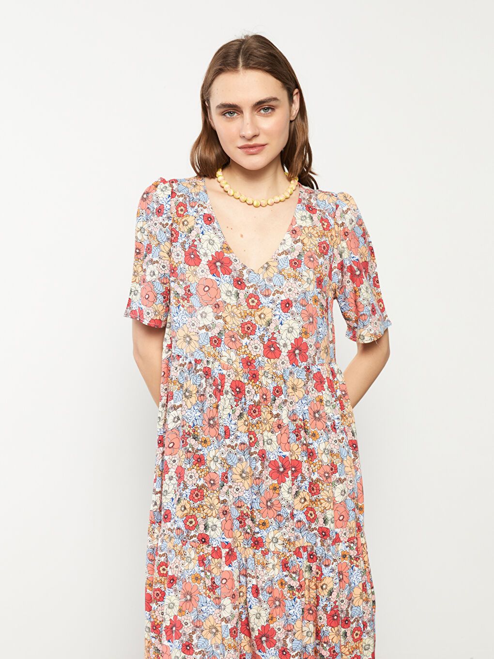 V-Neck Floral Short Sleeve Viscose Women's Dress -S2IV94Z8-F9C