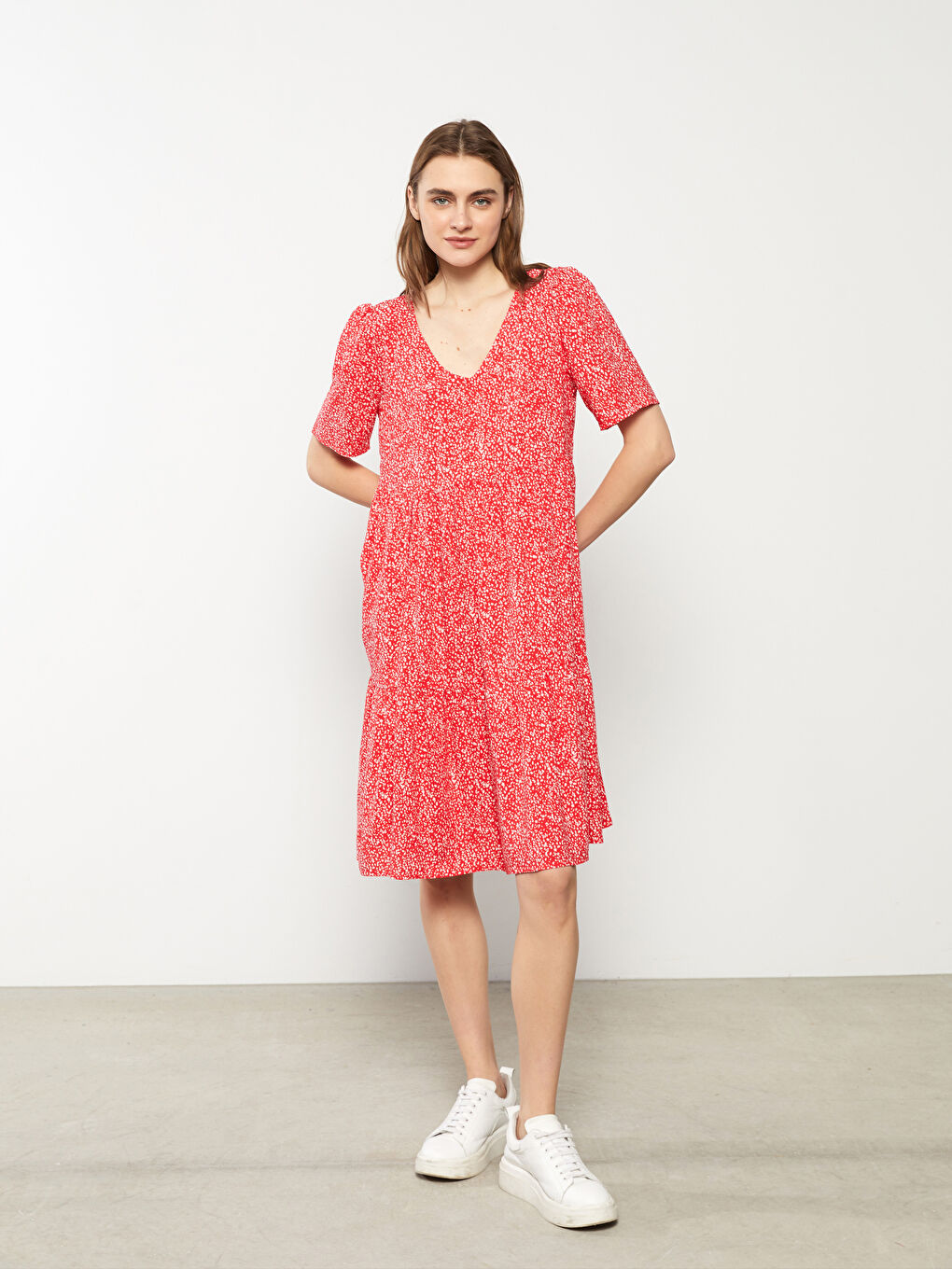 V Neck Patterned Short Sleeve Viscose Women Dress