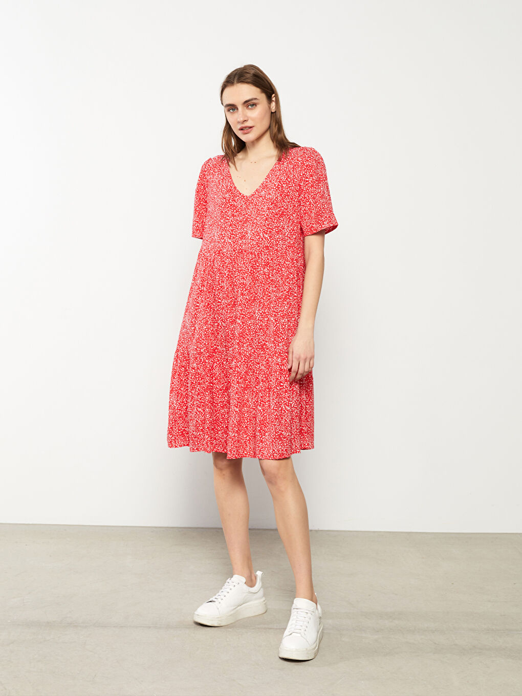 V Neck Patterned Short Sleeve Viscose Women Dress-1