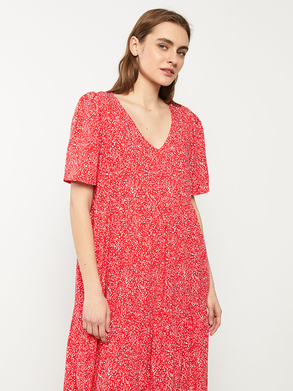 V Neck Patterned Short Sleeve Viscose Women Dress-2