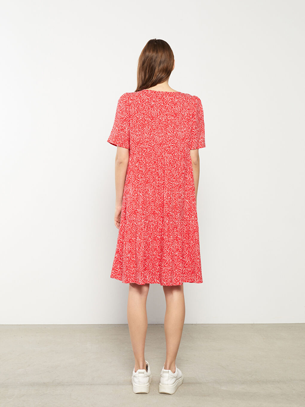 V Neck Patterned Short Sleeve Viscose Women Dress-4