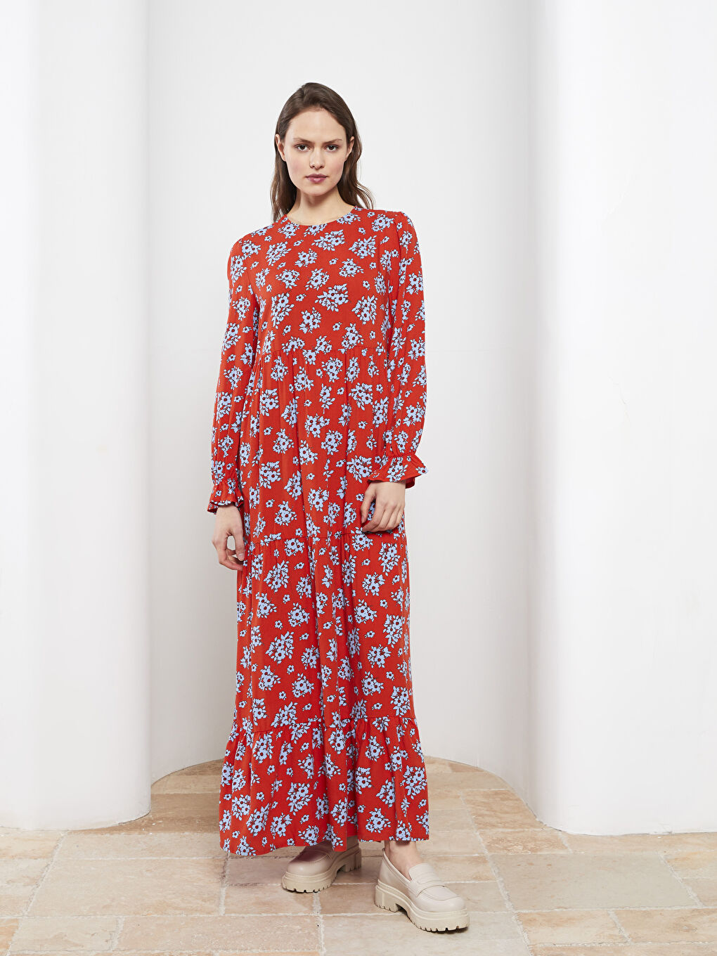 Crew Neck Floral Long Sleeve Viscose Women's Dress-1