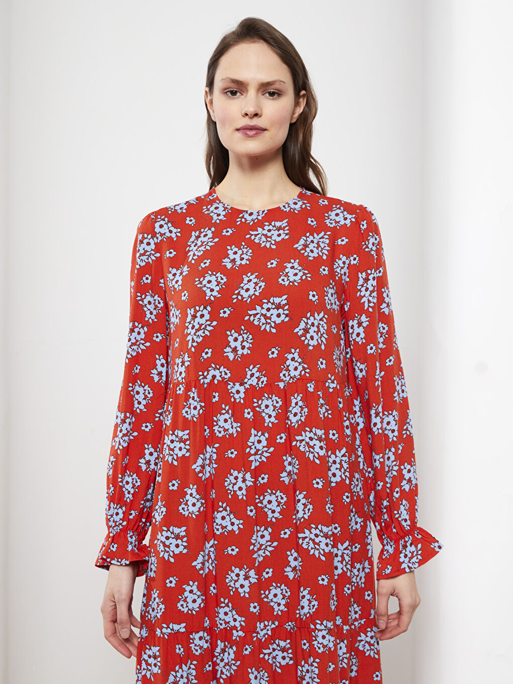 Crew Neck Floral Long Sleeve Viscose Women's Dress-2