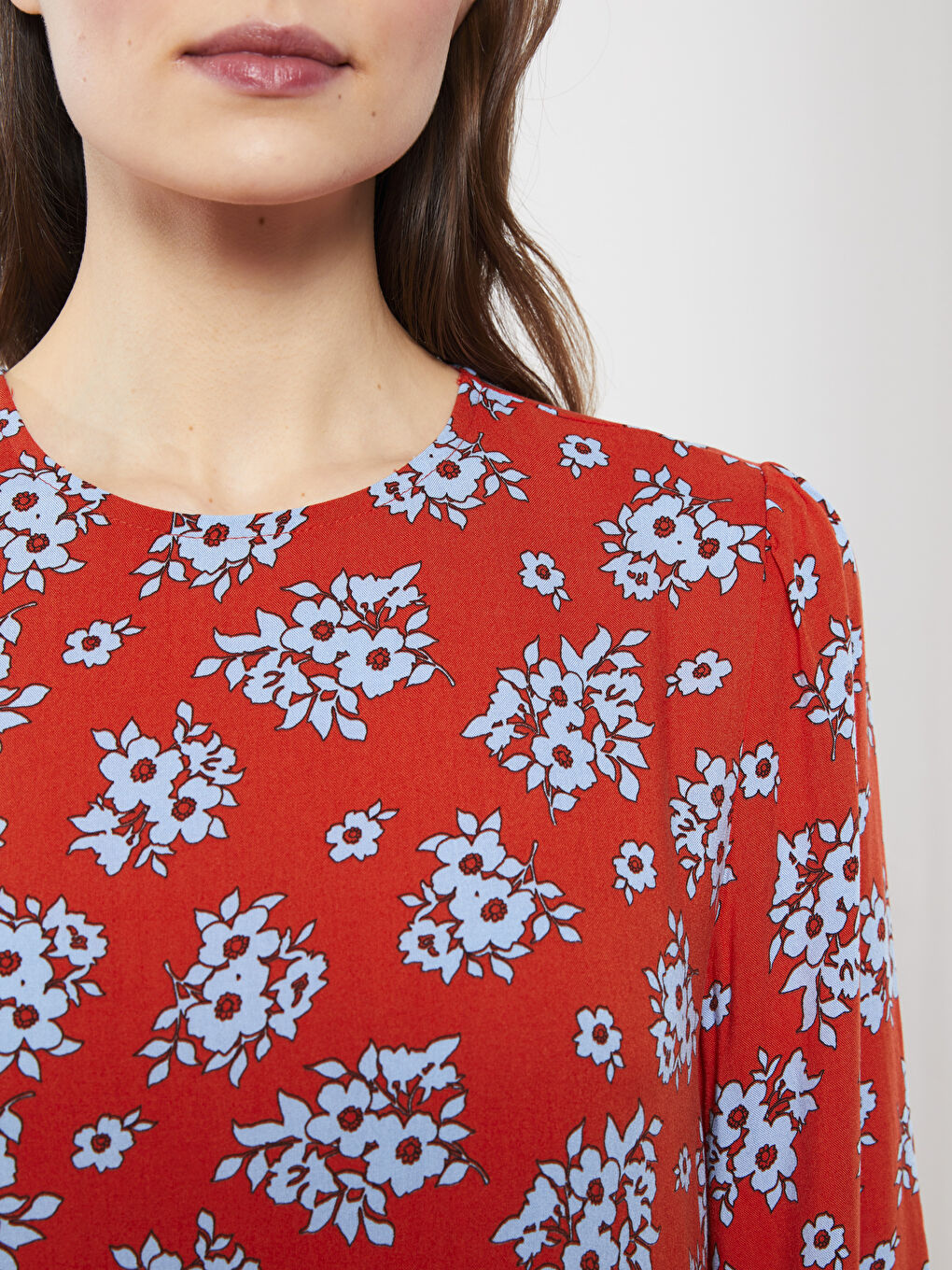 Crew Neck Floral Long Sleeve Viscose Women's Dress-3