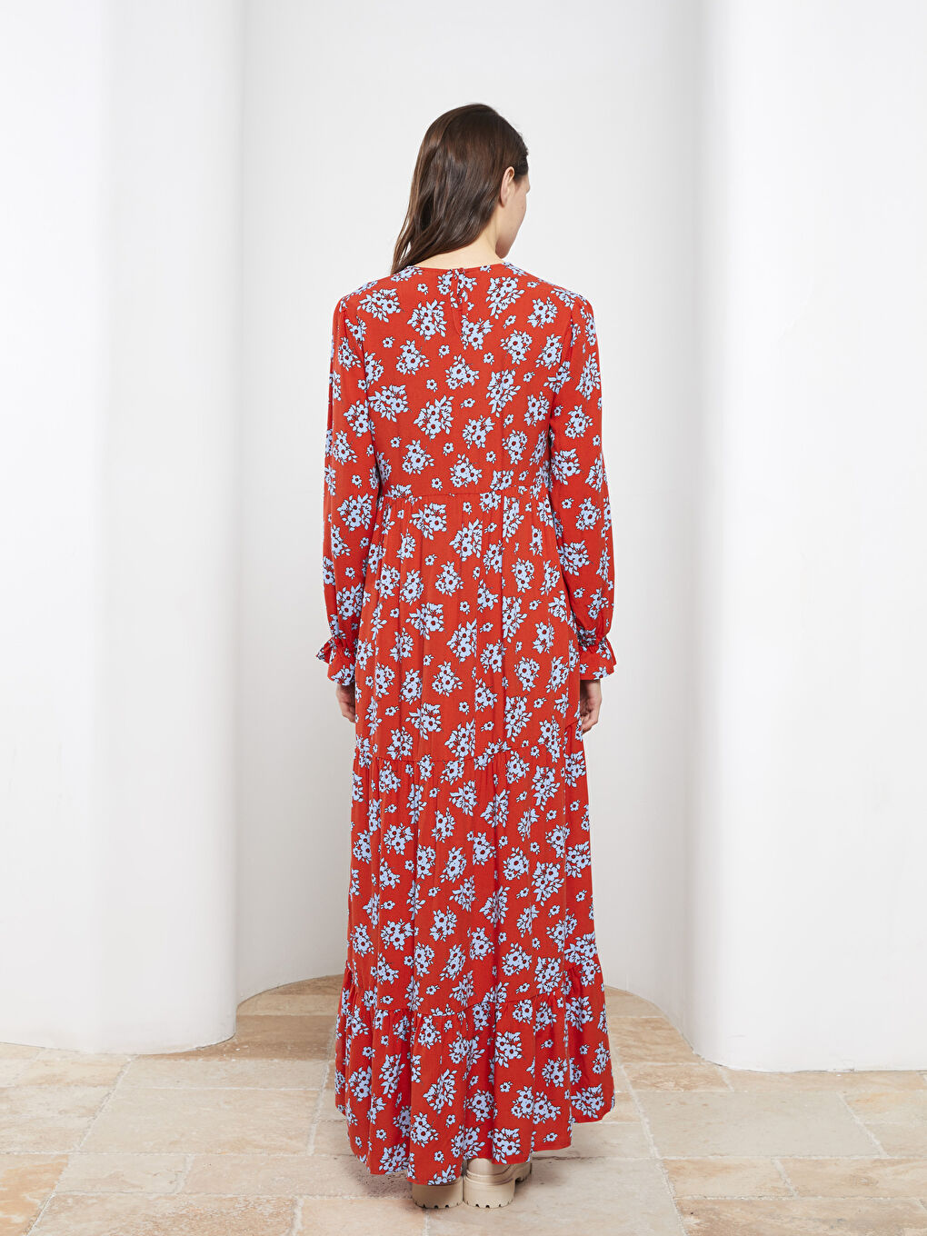 Crew Neck Floral Long Sleeve Viscose Women's Dress-4