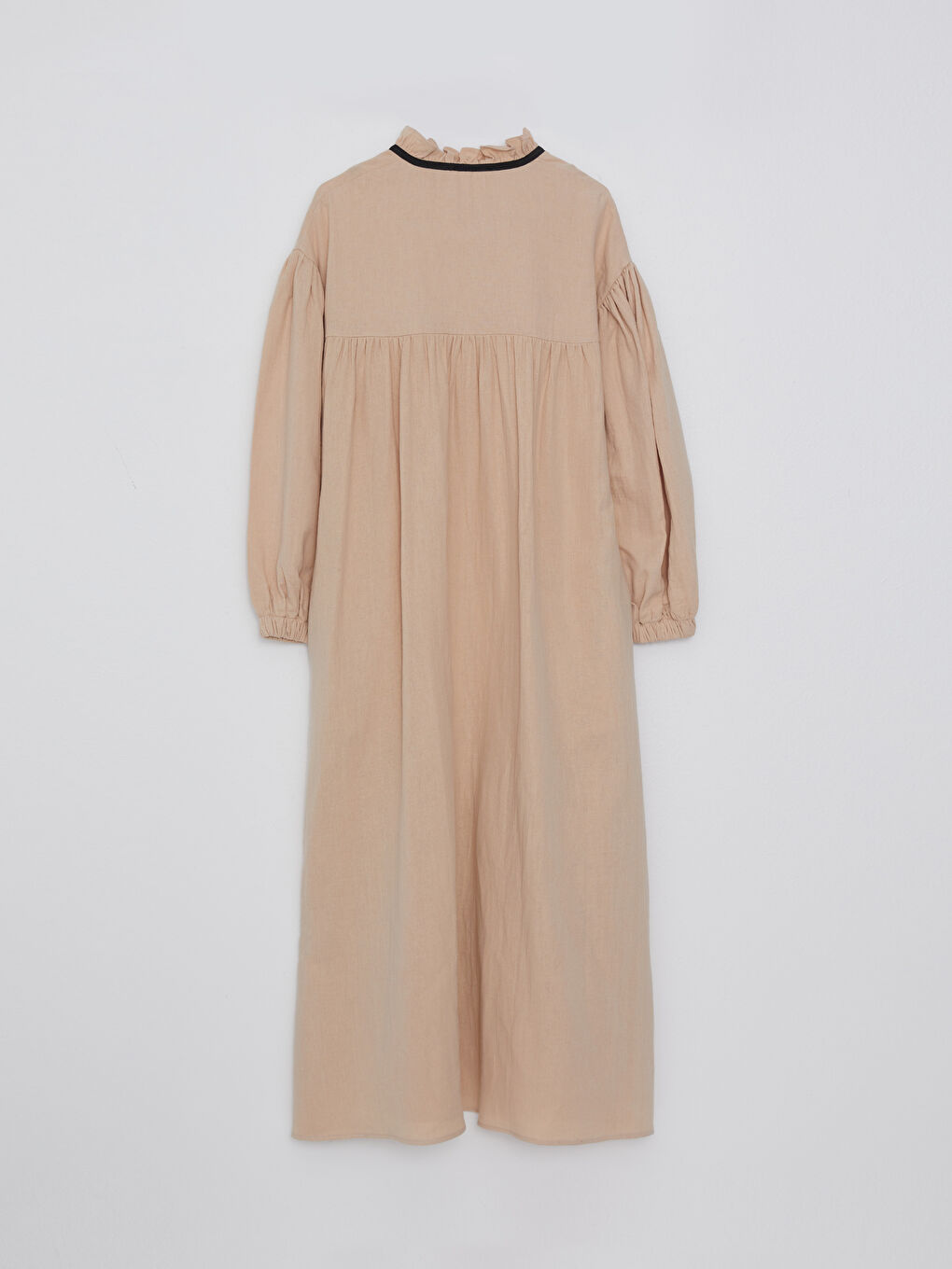 Bej Fırfırlı Dik Yaka Düz Uzun Kollu Kadın Elbise-7